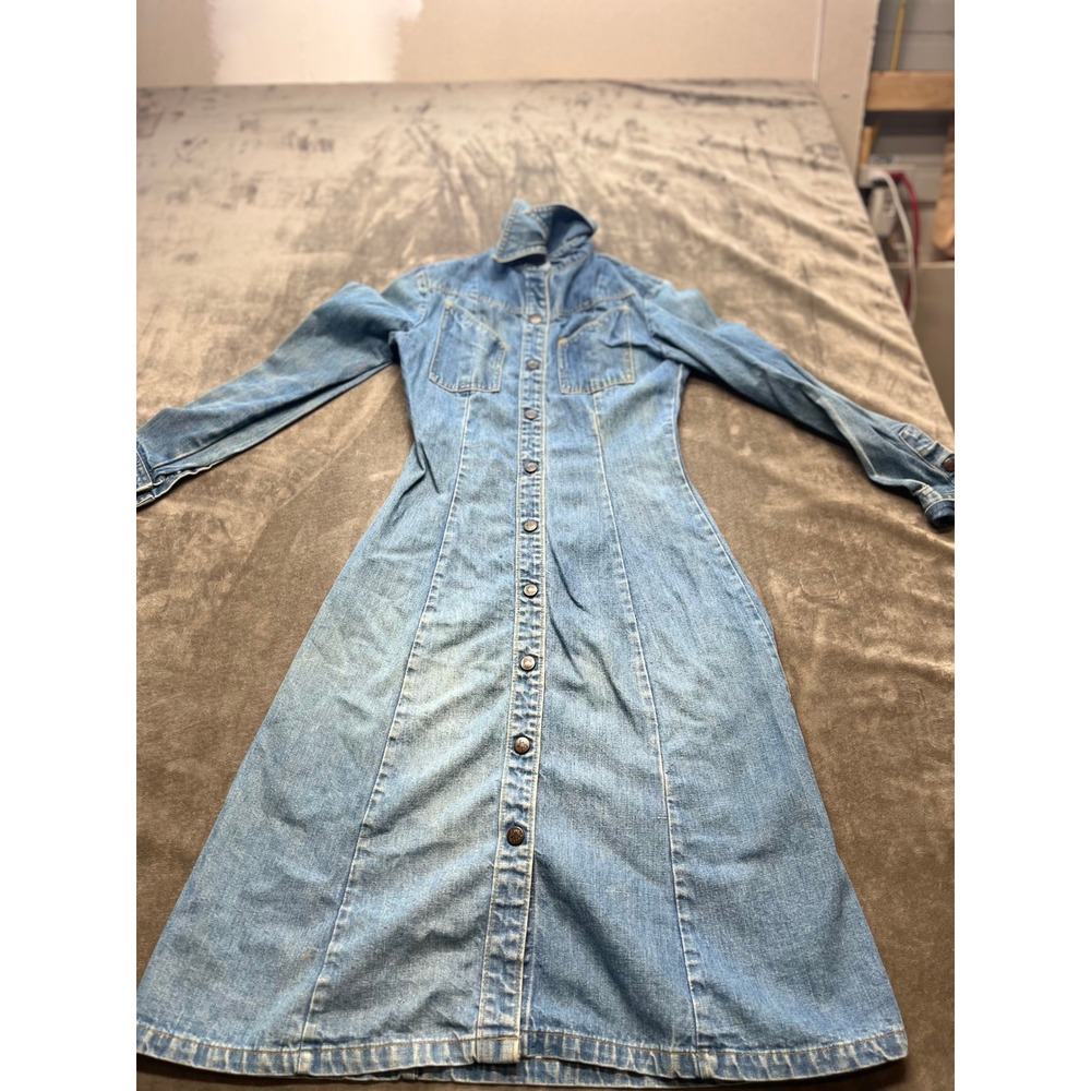 Vintage Denim Button Down Maxi Dress Jean Long Sleeve landlubber Western Casual